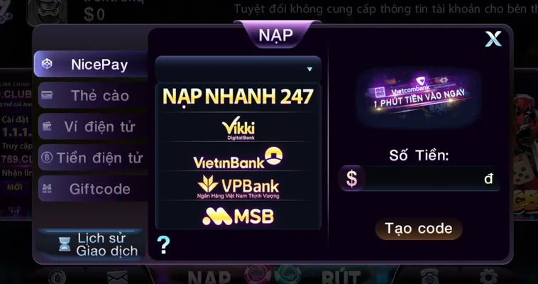 Nạp tiền qua tài khoản ngân hàng tại 789Club.