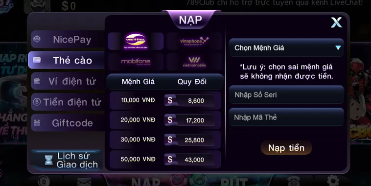 Nạp tiền ằng thẻ cào an toàn bảo mật tiện lợi - hỗ trợ mọi nhà mạng.