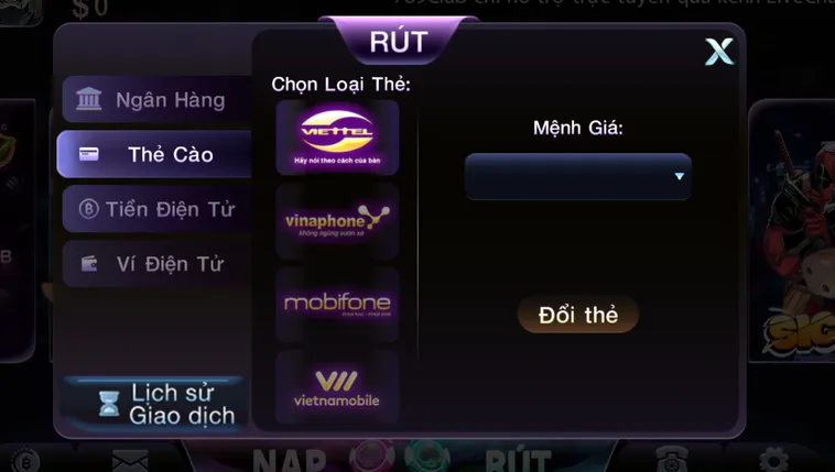 Phương thức rút tiền bằng thẻ cào - hỗ trợ mọi nhà mạng.